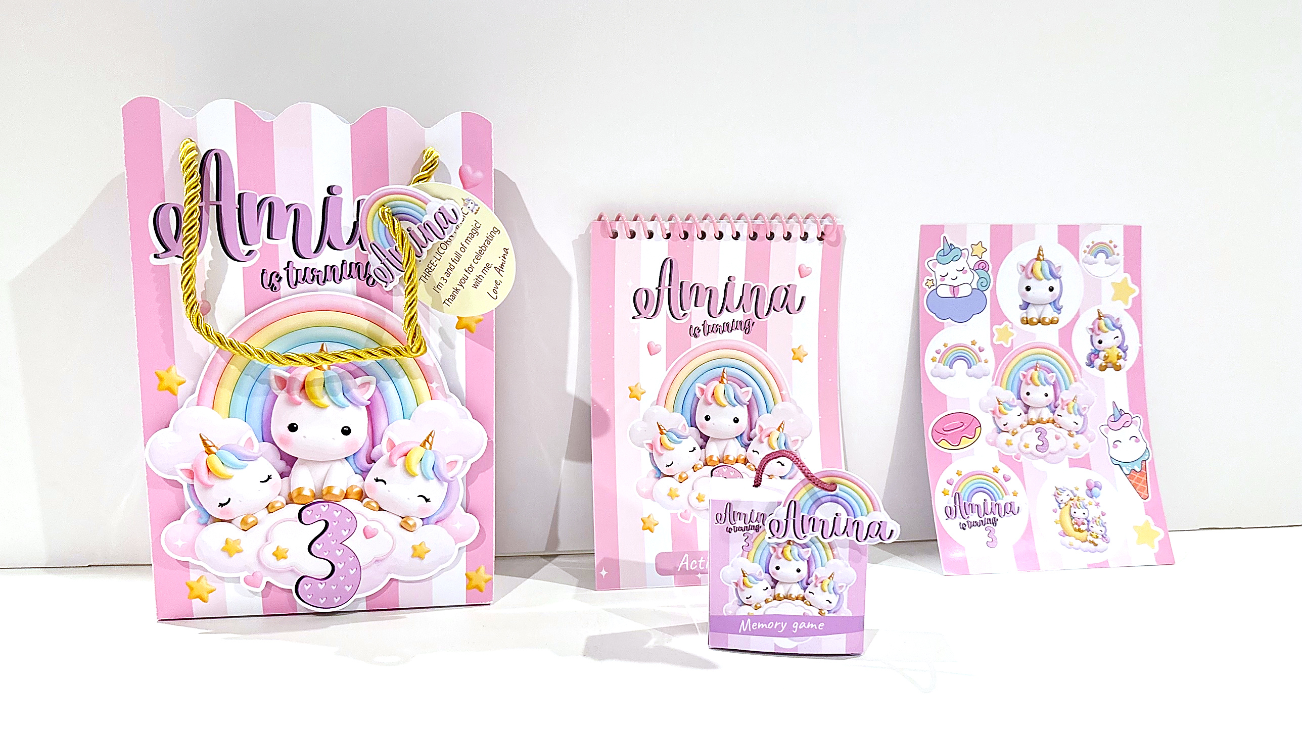 Personalized birthday giveaway set with a printed paper topper, made by Peekabox in Cairo